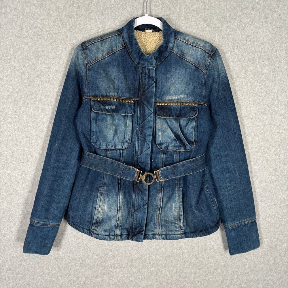 Bershka Jean Jacket Small Sherpa Military Moto Y2K Utility Distressed Structured